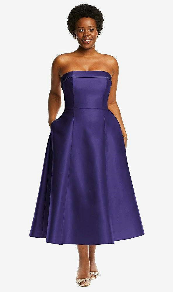 Front View - Grape Cuffed Strapless Satin Twill Midi Dress with Full Skirt and Pockets