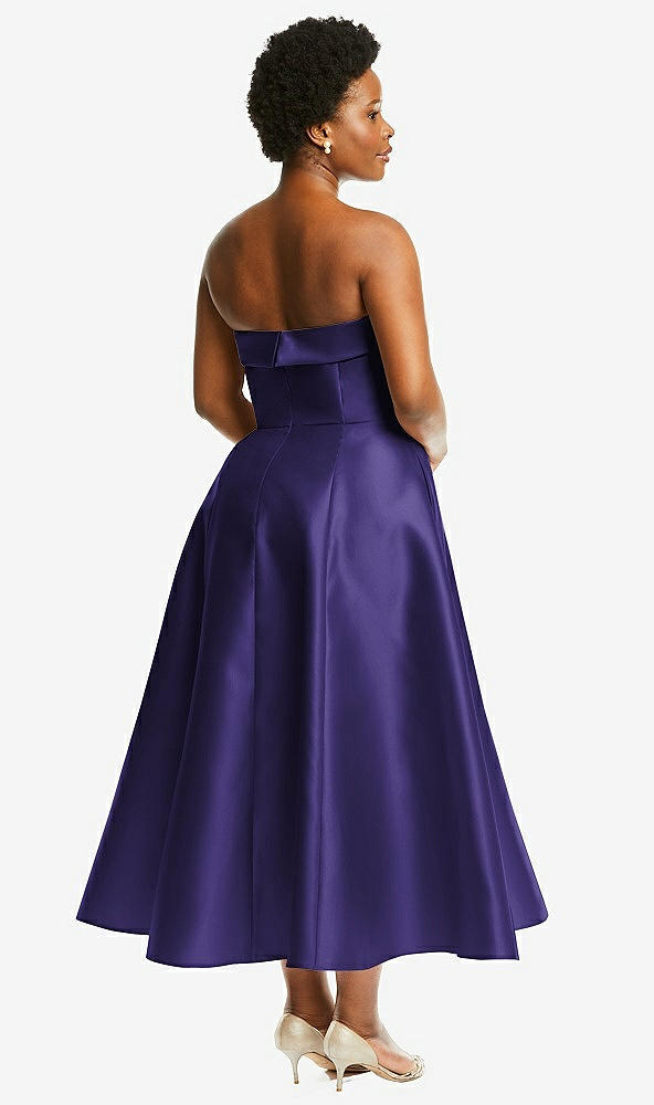 Back View - Grape Cuffed Strapless Satin Twill Midi Dress with Full Skirt and Pockets