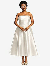 Alt View 1 Thumbnail - Ivory Cuffed Strapless Satin Twill Midi Dress with Full Skirt and Pockets