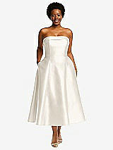 Front View Thumbnail - Ivory Cuffed Strapless Satin Twill Midi Dress with Full Skirt and Pockets