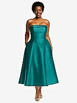 Front View Thumbnail - Jade Cuffed Strapless Satin Twill Midi Dress with Full Skirt and Pockets