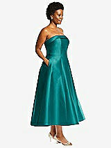 Side View Thumbnail - Jade Cuffed Strapless Satin Twill Midi Dress with Full Skirt and Pockets