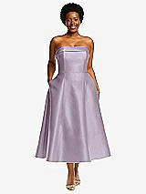 Front View Thumbnail - Lilac Haze Cuffed Strapless Satin Twill Midi Dress with Full Skirt and Pockets