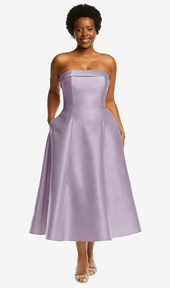 Front View - Lilac Haze Cuffed Strapless Satin Twill Midi Dress with Full Skirt and Pockets