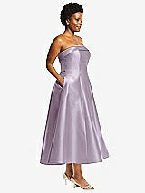 Side View Thumbnail - Lilac Haze Cuffed Strapless Satin Twill Midi Dress with Full Skirt and Pockets