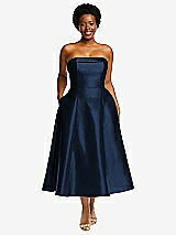 Front View Thumbnail - Midnight Navy Cuffed Strapless Satin Twill Midi Dress with Full Skirt and Pockets