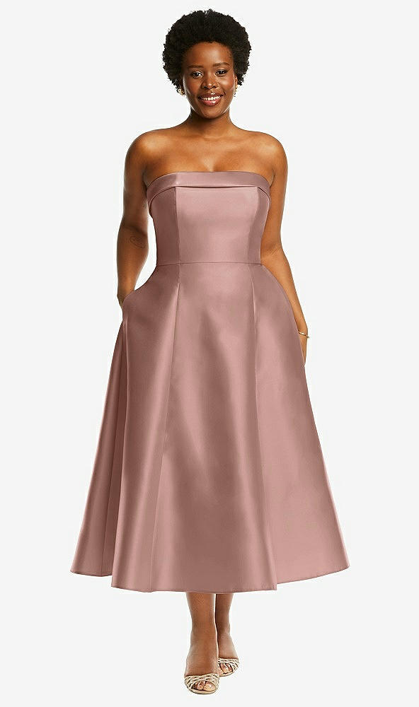 Front View - Neu Nude Cuffed Strapless Satin Twill Midi Dress with Full Skirt and Pockets