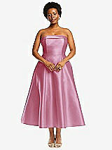 Alt View 1 Thumbnail - Powder Pink Cuffed Strapless Satin Twill Midi Dress with Full Skirt and Pockets