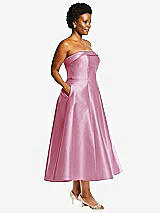 Side View Thumbnail - Powder Pink Cuffed Strapless Satin Twill Midi Dress with Full Skirt and Pockets