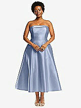 Alt View 1 Thumbnail - Sky Blue Cuffed Strapless Satin Twill Midi Dress with Full Skirt and Pockets
