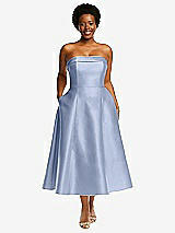 Front View Thumbnail - Sky Blue Cuffed Strapless Satin Twill Midi Dress with Full Skirt and Pockets