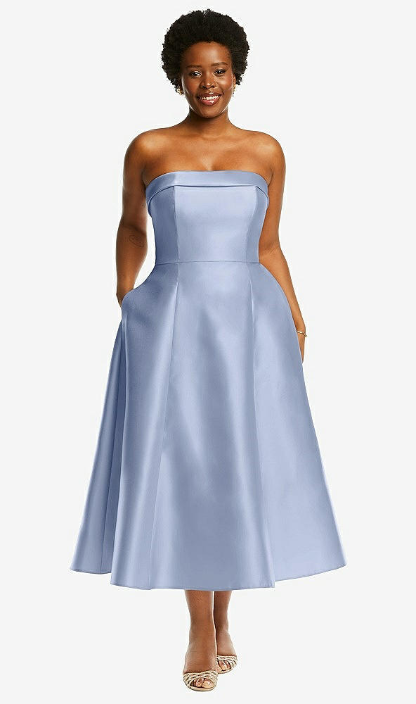 Front View - Sky Blue Cuffed Strapless Satin Twill Midi Dress with Full Skirt and Pockets