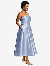 Side View Thumbnail - Sky Blue Cuffed Strapless Satin Twill Midi Dress with Full Skirt and Pockets