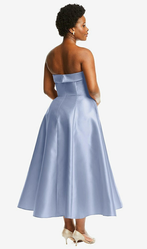 Back View - Sky Blue Cuffed Strapless Satin Twill Midi Dress with Full Skirt and Pockets