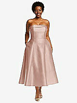 Front View Thumbnail - Toasted Sugar Cuffed Strapless Satin Twill Midi Dress with Full Skirt and Pockets