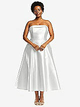 Alt View 1 Thumbnail - White Cuffed Strapless Satin Twill Midi Dress with Full Skirt and Pockets