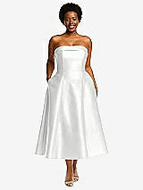Front View Thumbnail - White Cuffed Strapless Satin Twill Midi Dress with Full Skirt and Pockets