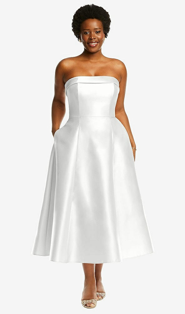 Front View - White Cuffed Strapless Satin Twill Midi Dress with Full Skirt and Pockets