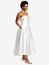 Side View Thumbnail - White Cuffed Strapless Satin Twill Midi Dress with Full Skirt and Pockets