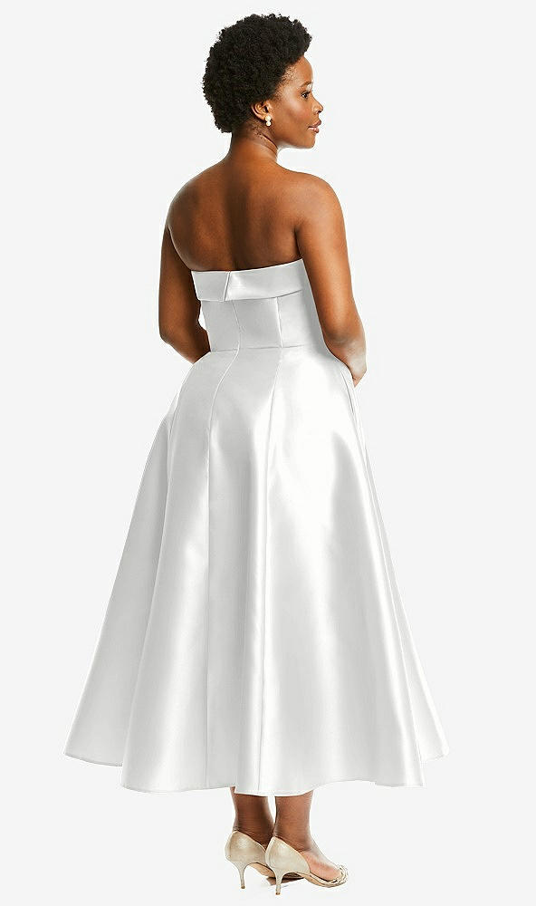 Back View - White Cuffed Strapless Satin Twill Midi Dress with Full Skirt and Pockets