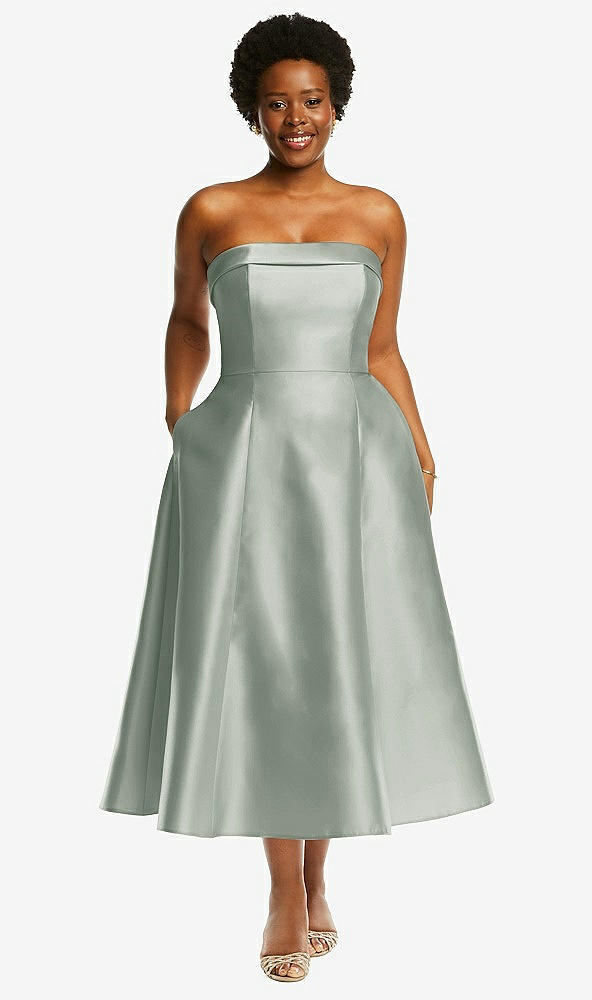 Front View - Willow Green Cuffed Strapless Satin Twill Midi Dress with Full Skirt and Pockets
