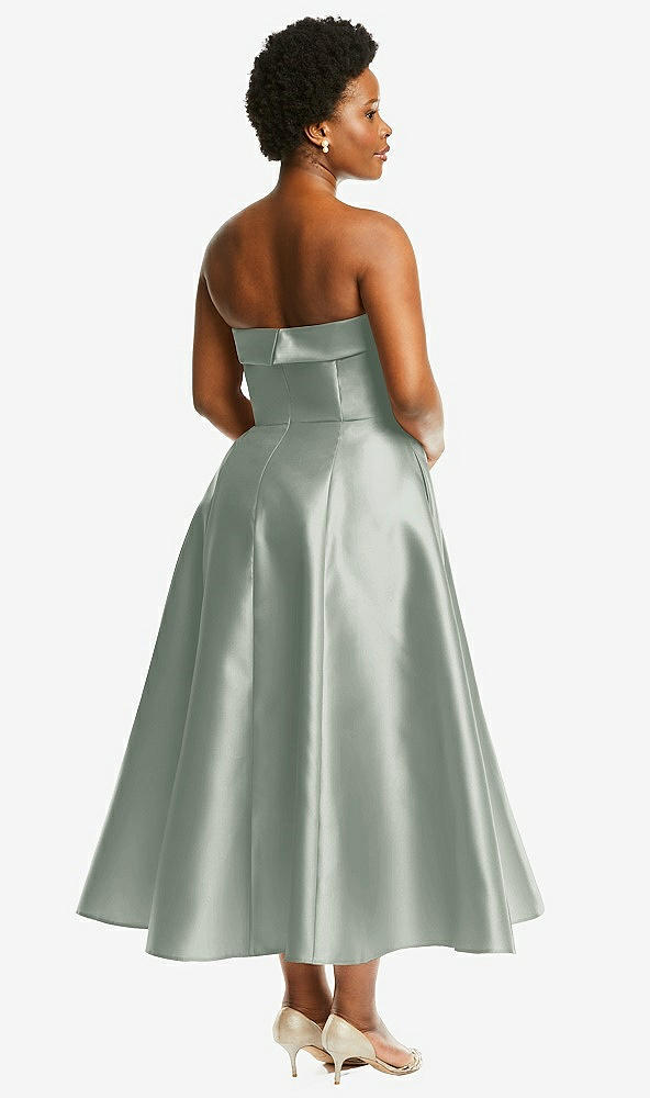 Back View - Willow Green Cuffed Strapless Satin Twill Midi Dress with Full Skirt and Pockets