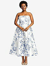 Alt View 1 Thumbnail - Cottage Rose Larkspur Cuffed Strapless Floral Satin Twill Midi Dress with Full Skirt and Pockets
