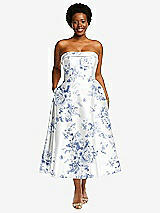 Front View Thumbnail - Cottage Rose Larkspur Cuffed Strapless Floral Satin Twill Midi Dress with Full Skirt and Pockets