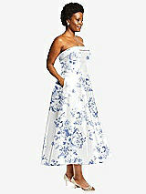 Side View Thumbnail - Cottage Rose Larkspur Cuffed Strapless Floral Satin Twill Midi Dress with Full Skirt and Pockets
