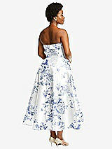 Rear View Thumbnail - Cottage Rose Larkspur Cuffed Strapless Floral Satin Twill Midi Dress with Full Skirt and Pockets