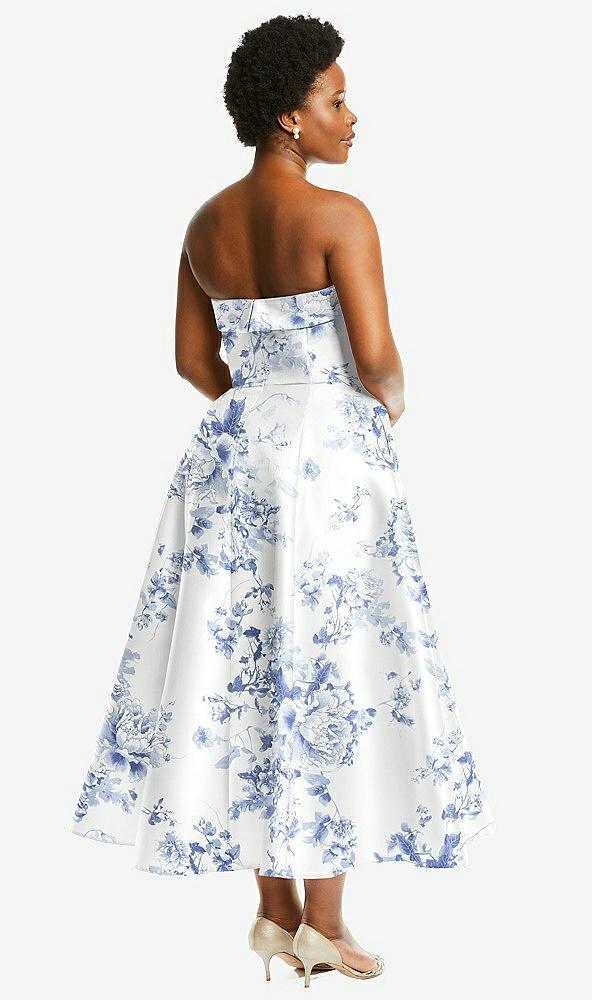 Back View - Cottage Rose Larkspur Cuffed Strapless Floral Satin Twill Midi Dress with Full Skirt and Pockets
