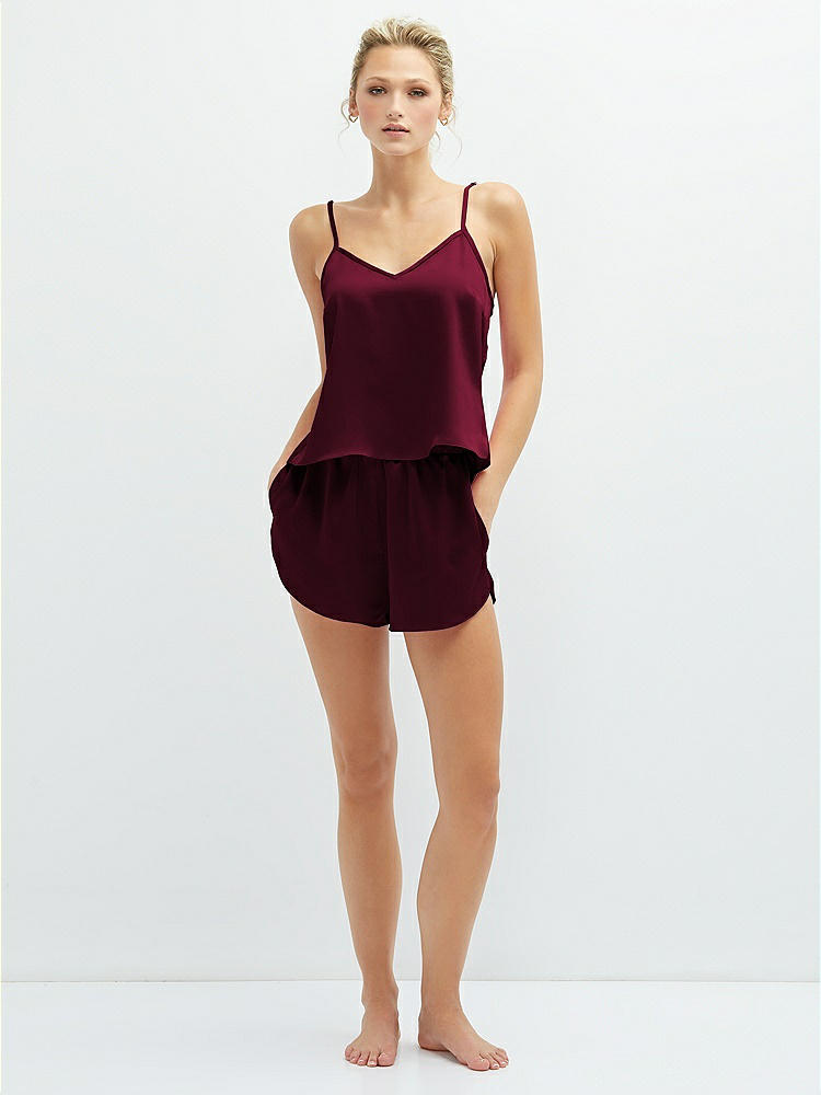 Front View - Cabernet Whisper Satin Lounge Shorts with Pockets