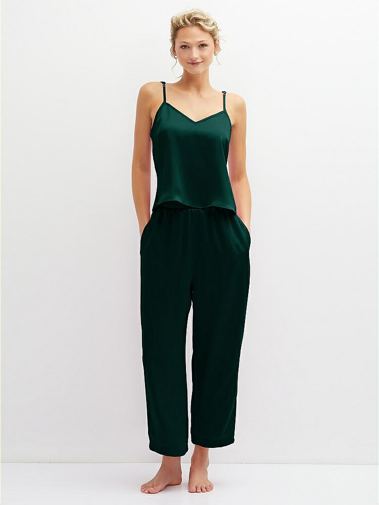 Front View - Evergreen Whisper Satin Wide-Leg Lounge Pants with Pockets