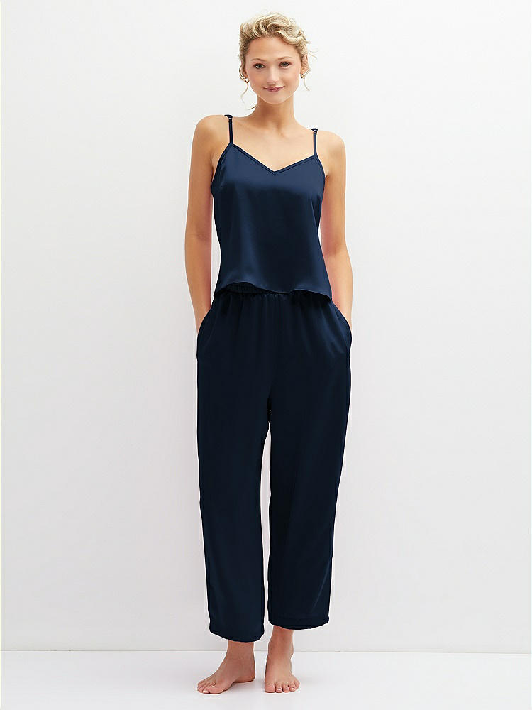 Front View - Midnight Navy Whisper Satin Wide-Leg Lounge Pants with Pockets