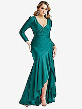 Front View Thumbnail - Peacock Teal Long Sleeve Pleated Wrap Ruffled High Low Stretch Satin Gown