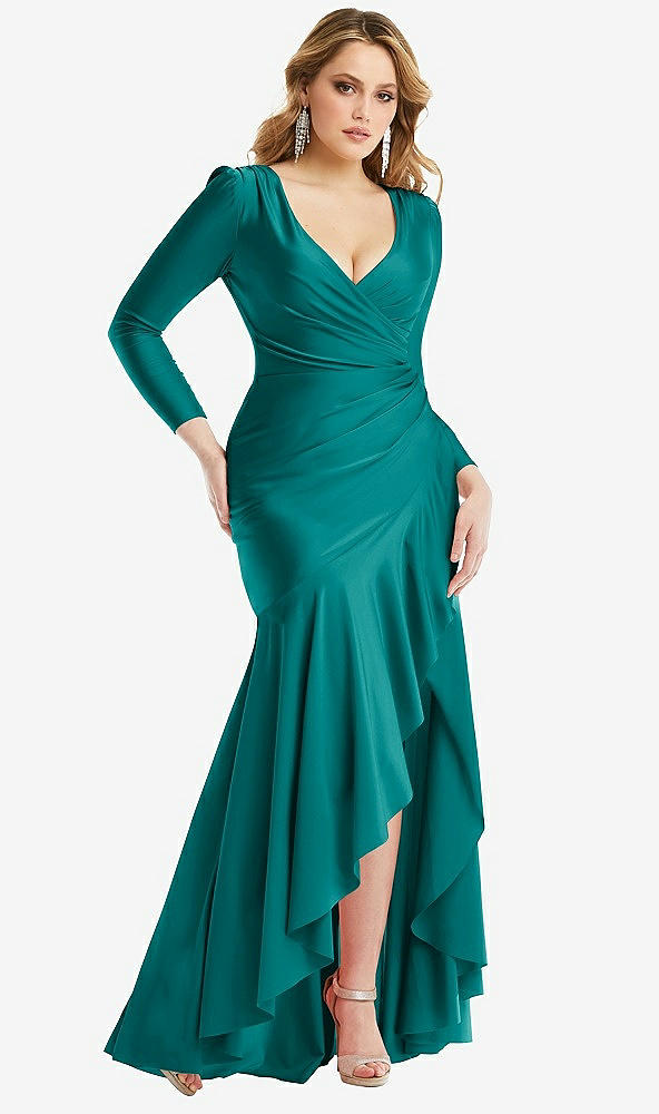 Front View - Peacock Teal Long Sleeve Pleated Wrap Ruffled High Low Stretch Satin Gown