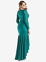 Rear View Thumbnail - Peacock Teal Long Sleeve Pleated Wrap Ruffled High Low Stretch Satin Gown