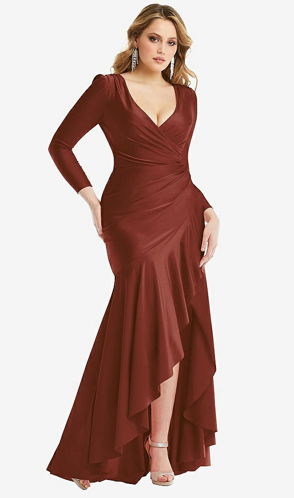 Front View - Auburn Moon Long Sleeve Pleated Wrap Ruffled High Low Stretch Satin Gown