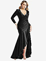 Front View Thumbnail - Black Long Sleeve Pleated Wrap Ruffled High Low Stretch Satin Gown