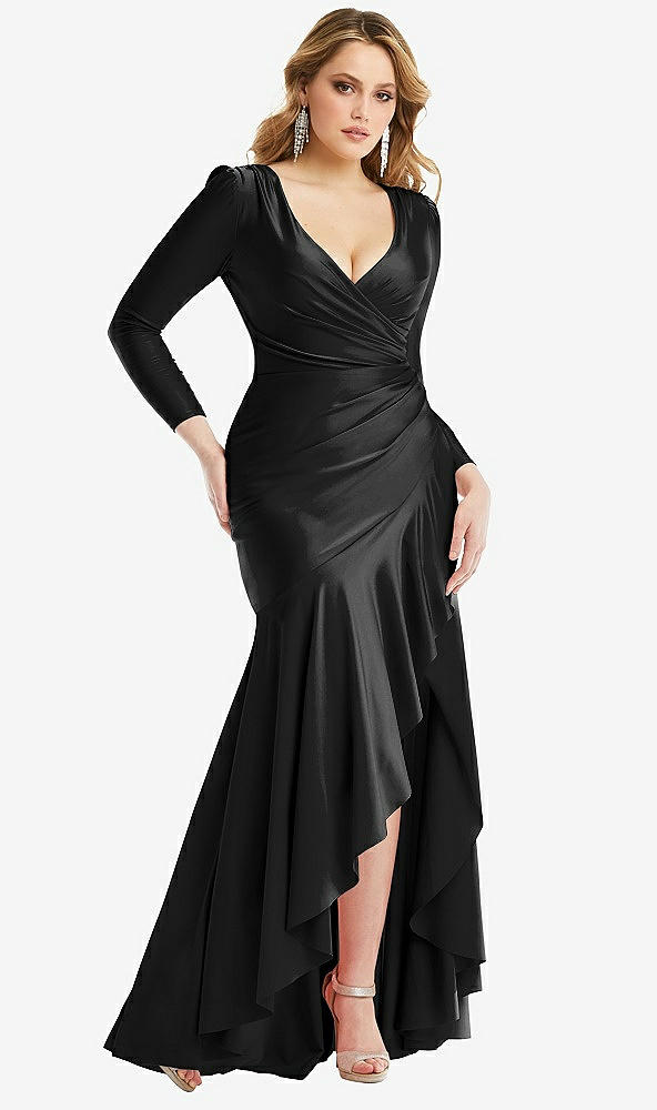 Front View - Black Long Sleeve Pleated Wrap Ruffled High Low Stretch Satin Gown