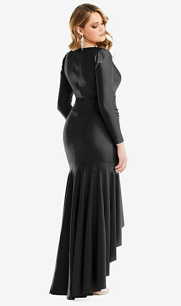 Back View - Black Long Sleeve Pleated Wrap Ruffled High Low Stretch Satin Gown