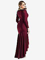Rear View Thumbnail - Cabernet Long Sleeve Pleated Wrap Ruffled High Low Stretch Satin Gown