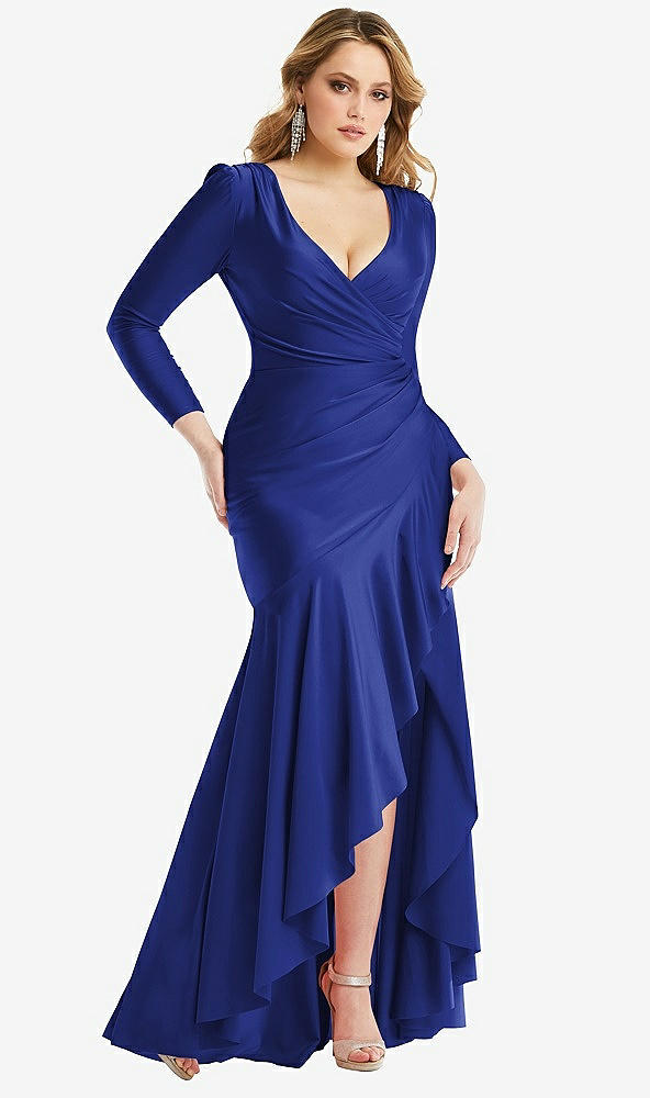 Front View - Cobalt Blue Long Sleeve Pleated Wrap Ruffled High Low Stretch Satin Gown
