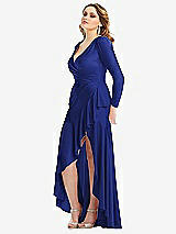 Side View Thumbnail - Cobalt Blue Long Sleeve Pleated Wrap Ruffled High Low Stretch Satin Gown