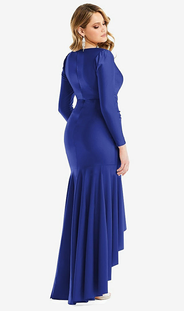 Back View - Cobalt Blue Long Sleeve Pleated Wrap Ruffled High Low Stretch Satin Gown
