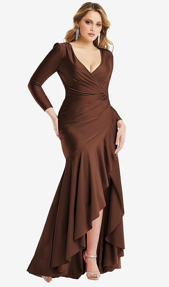 Front View - Cognac Long Sleeve Pleated Wrap Ruffled High Low Stretch Satin Gown