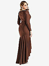 Rear View Thumbnail - Cognac Long Sleeve Pleated Wrap Ruffled High Low Stretch Satin Gown