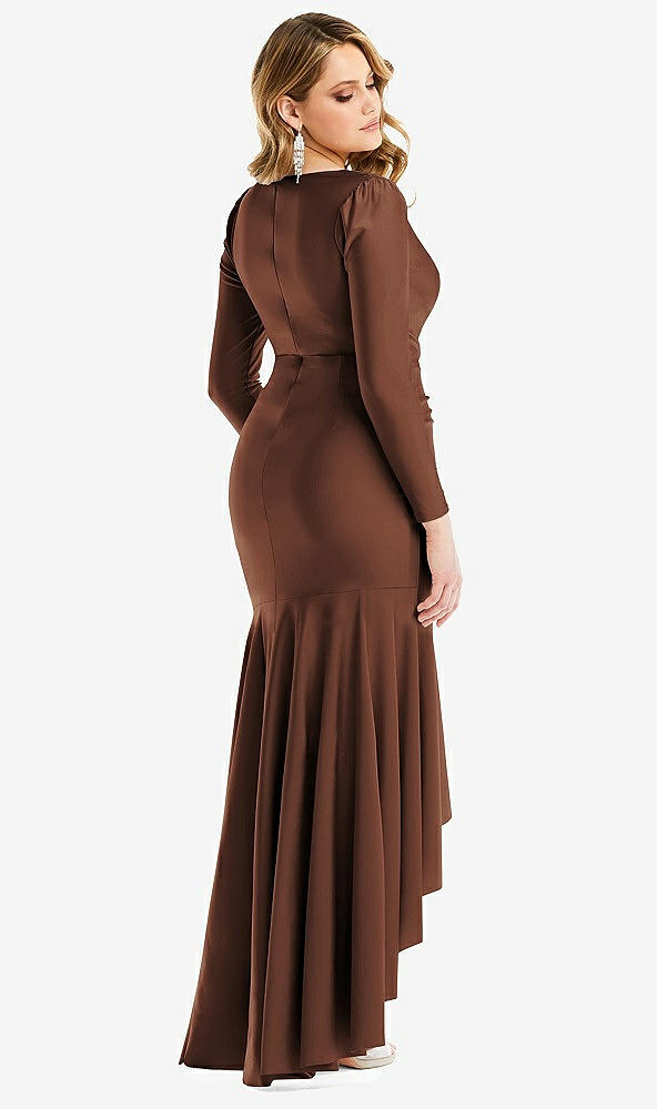 Back View - Cognac Long Sleeve Pleated Wrap Ruffled High Low Stretch Satin Gown