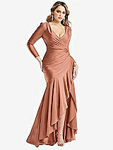 Front View Thumbnail - Copper Penny Long Sleeve Pleated Wrap Ruffled High Low Stretch Satin Gown