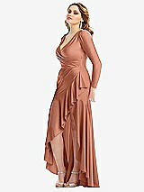 Side View Thumbnail - Copper Penny Long Sleeve Pleated Wrap Ruffled High Low Stretch Satin Gown